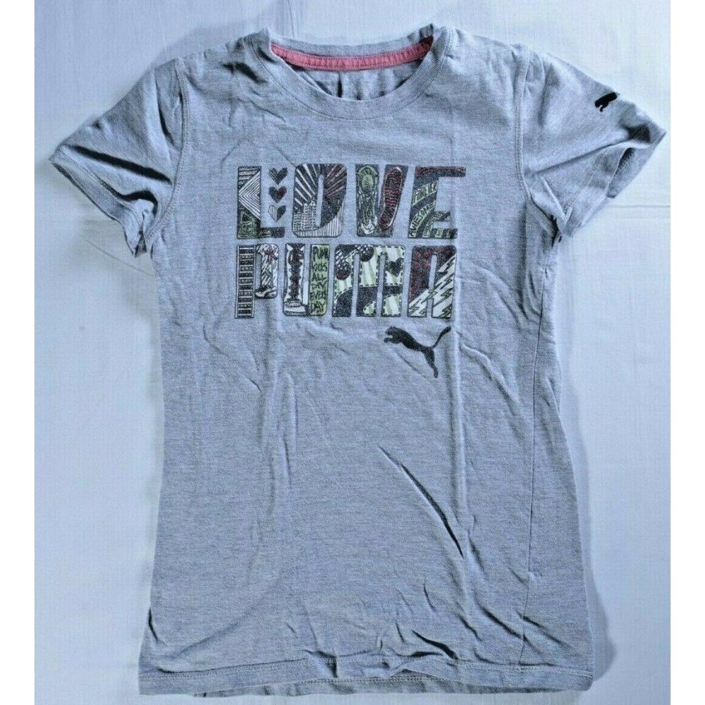 Puma Sz L 10/12 girls tee shirt Love graphic gray